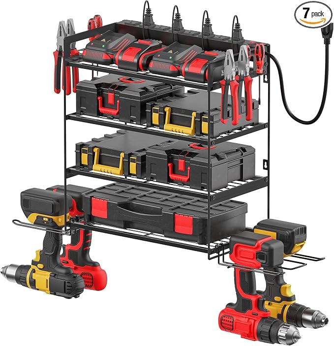 CCCEI Garage Tools Storage with Charging Station. Power Tool Battery Organizer Utility Shelf with Power Strip. 4 Drills Holder Wall Mount Rack, Black 4 Layer. by CCCEI