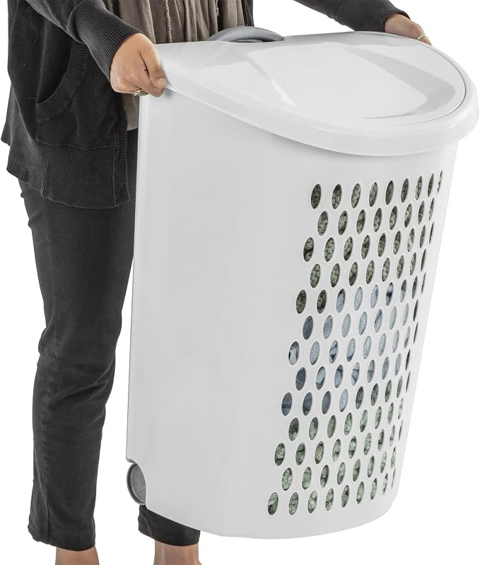 Wheeled Plastic Laundry Hamper with Handle, White - Easy Transport for Laundry, Durable Plastic, Rolling Design, Perfect for Bathroom & Bedroom Storage - Image 3