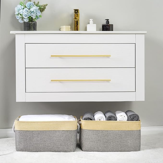 TheWarmHome Storage Basket - 15.7L×11.8W×8.3H 1 Pack Large Baskets for Organizing Shelves, Storage Bins for Clothes Book Shelf Home Fabric Storage Cubes (Gold and Grey) - Image 3