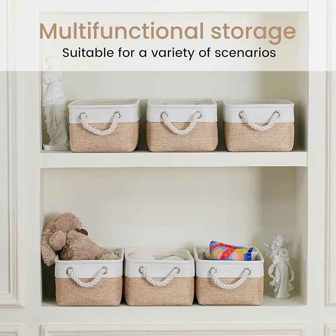 Storage Baskets for Shelves 11.8x7.9x5.2 Inch, Foldable Fabric Storage Bins with Handles, Small Storage Baskets for Organizing Closet, Office, Home Organization (3-Pack, White&Khaki) - Image 6