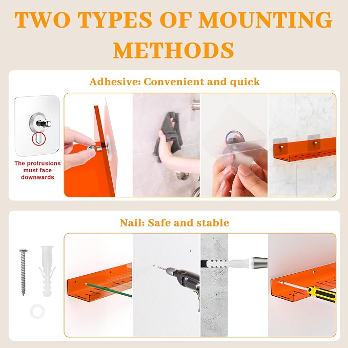 4 Pack Floating Shelves –15'' Orange Acrylic/PET Wall-Mounted No Drill Storage with Adhesive, Bathroom & Bedroom Shelving for Kitchen, Living Room, Home Decor - Image 6