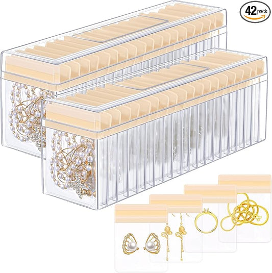 Kenning 42 Pcs Acrylic Jewelry Case Organizer, Clear Jewelry Organizers Holder with Portable Anti Tarnish Storage Bags for Rings, Earrings, Necklaces, Ideal Gifts for Women (Yellow) by Kenning