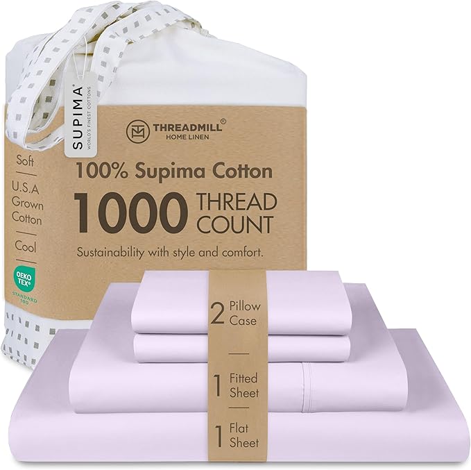 Threadmill Luxury Full Size Sheets for Full Size Mattress, 1000 Thread Count Supima Cotton Sheets for Full Mattress, 5-Star Hotel Quality 4 Piece Bed Sheets with Extra Deep Pocket, Lilac