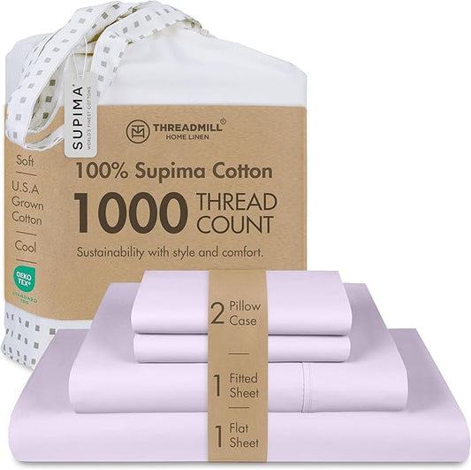 Threadmill California King Sheets, Certified American Supima Cotton Sheets, 1000 Thread Count Hotel Quality, 4 Piece Luxury Bed Sheets Set with Elasticized Extra Deep Pocket, Lilac