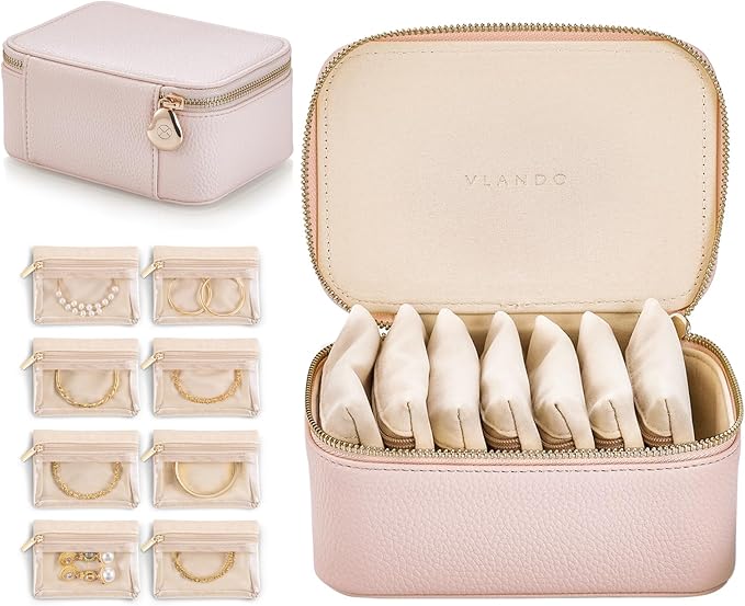 VLANDO Travel Jewelry Box Organizer – Portable PU Leather Jewelry Case with 6/8/12 Zippered Pouches, Compact Storage for Earrings Rings Necklaces Bracelets, Rosy Mauve by VLANDO