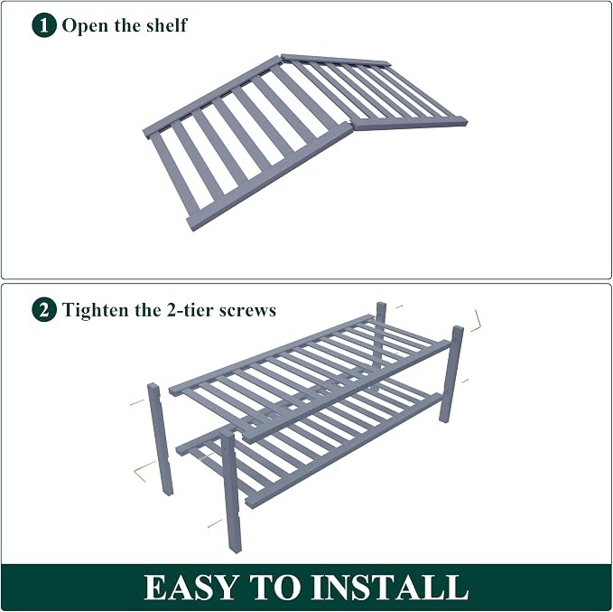 Smiry Bamboo Shoe Rack for Closet, 2 Tier Wooden Stackable Shoe Organizer, Free Standing Shoes Storage Shelf for Entryway, Front Door Entrance, Grey - Image 6