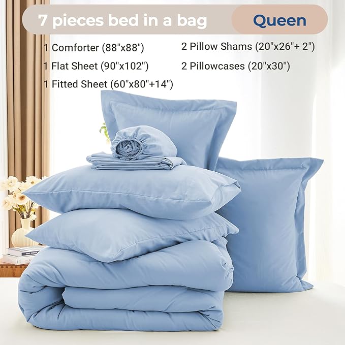 MUXHOMO 7 Pieces Queen Comforter Set, Soft Bed in a Bag Queen Size, All Season Bedding Set with Comforter, Flat Sheet, Fitted Sheet, Pillowcases & Shams, Greyish Blue