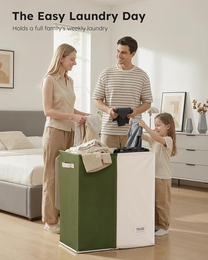 SOLEDI Large Double Laundry Hamper with Lid, Collapsible Clothes Hamper 2 section with Removable Bags, Space-Saving Laundry Basket for Bedroom, Dorm, College - Image 4