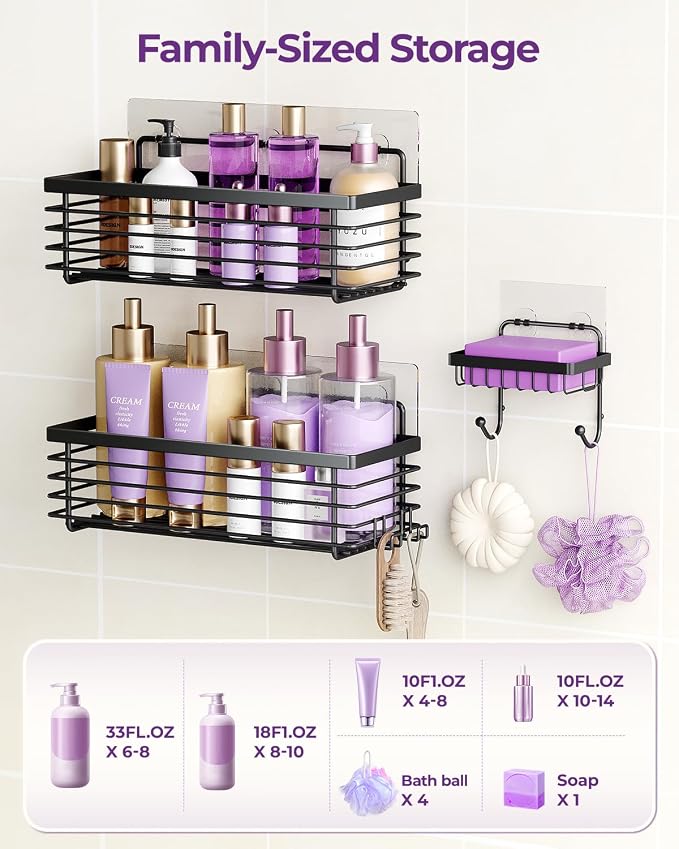ODesign Shower Caddy 3 Pack SUS304 Stainless Steel-No Drilling-Shower Bathroom Shelves Rack,Rustproof Wall Mounted,Adhesive Shower Shelf Basket Organizer-Black - Image 5