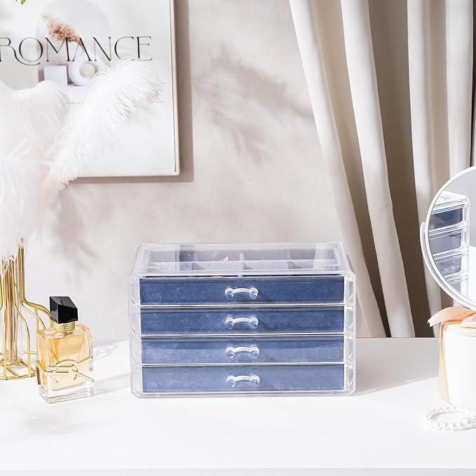 Lolalet Earring Holder Organizer Box Jewelry Storage with 4 Drawers, Clear Acrylic Stackable Earring Case with Adjustable Velvet Trays for Women on Dresser Vanity -Blue, 4 Layers - Image 5