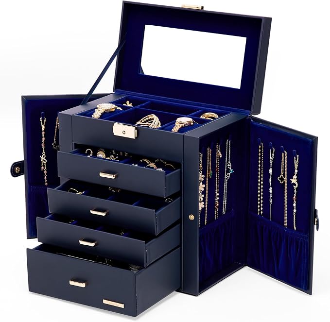 Homde Mothers Day Gifts Synthetic Leather Huge Jewelry Box Mirrored Watch Organizer Necklace Ring Earring Storage Lockable Gift Case (Dark Blue + Gold) by Homde