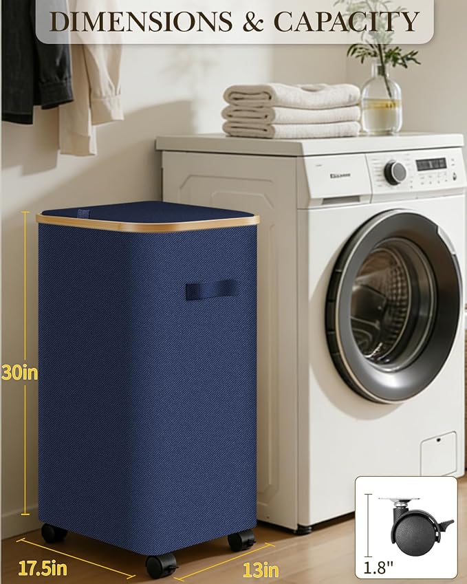 Laundry Hamper with Wheels, 110L Large Clothes Hamper with Removable Inner Bag, Collapsible Dirty Clothes Basket for Dorm, Rolling Dirty Clothes Basket for, Bedroom, Bathroom, Laundry Room - Image 2
