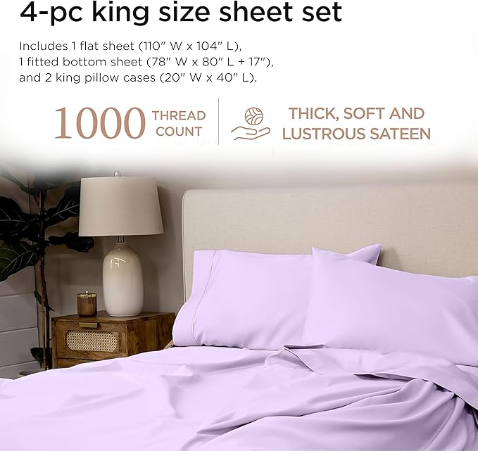 Threadmill Supima King Size Sheets, 1000 Thread Count, 4 Piece American Luxury Bed Sheets for King Mattress, 5 Star Hotel Quality Cotton Sheets with Elasticized Extra Deep Pocket, Lilac