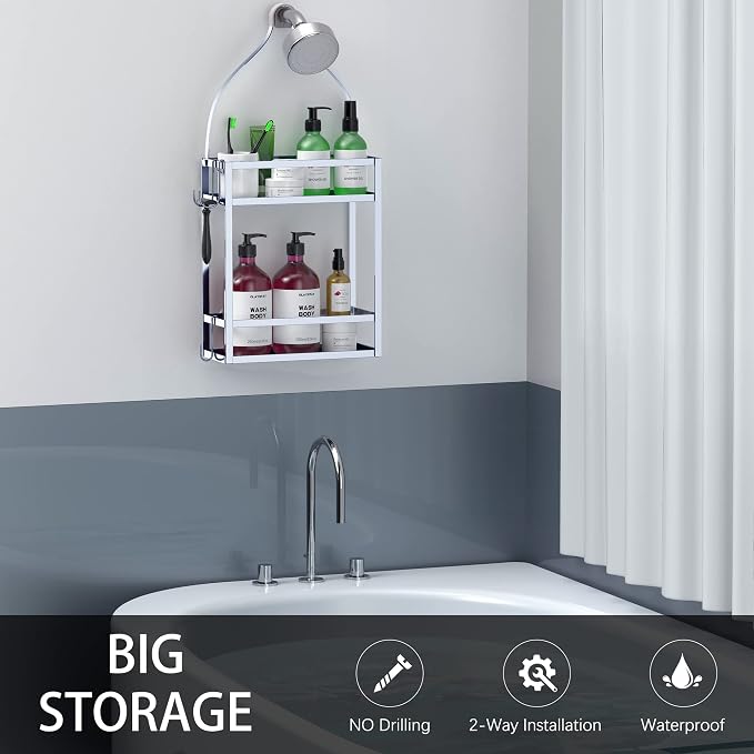Meangood Shower Caddy, Silver Hanging Shower Caddy Organizer 10.4" x 4.5" x 22.04" Over Shower Head Big Capacity for Shampoo, Conditioner with Hooks for Razor/Sponge - Image 3