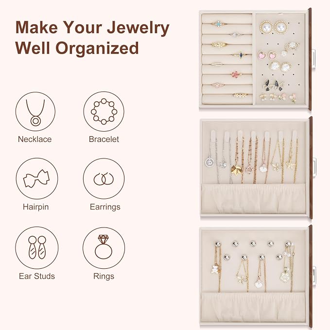 DesignSter Jewelry Box Organizer, Jewelry Box for Women, PU Jewelry Organizer Display Case with Side Drawers, Jewelry Storage for Earring Necklace Ring Bracelet Watch - Image 2