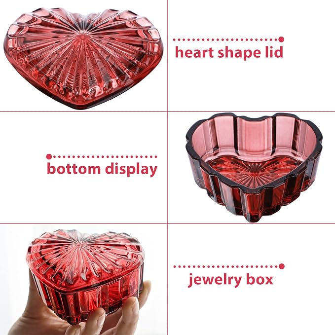 kanpura Crystal Glass Heart-Shaped Jewelry Box,Candy Box with Lid,Women's Covered Earrings Necklace Chest Trinket Storage Box, Glass Jar Christmas Gifts for Women and Girls(Burgundy) - Image 8