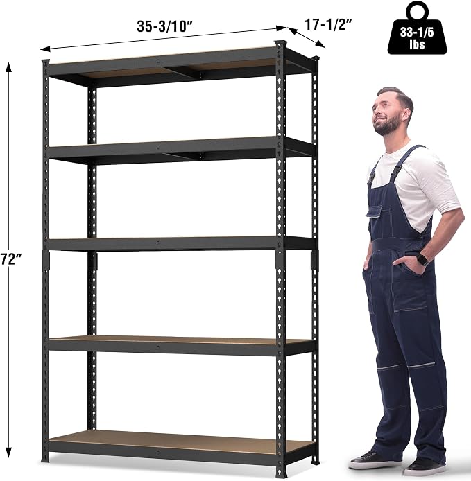 WORKPRO 5-Tier Steel Shelving Unit-Black, 35-3/10”W x 17-1/2”D x 72”H, Adjustable Storage Rack, Heavy Duty Shelf with MDF Board, 1650 lbs Load Capacity (Total) for Garage, Basement, Warehouse, Kitchen - Image 3