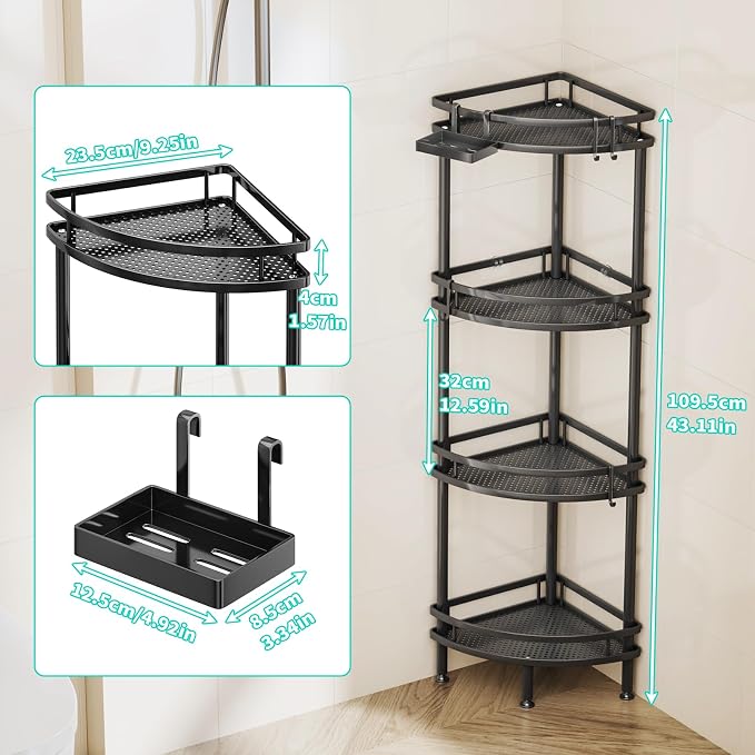 HapiRm Standing Corner Shower Caddy - 4 Tier Shower Organizer Corner with Soap Holder and 4 Hooks, Rustproof Bathroom Storage Shelves with Adhesives, Black - Image 2