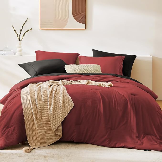 WRENSONGE Full Size Comforter Sets, 7 Pieces Bright Red Bed in a Bag with Fitted Sheet, Flat Sheet, 2 Pillow Shams, 2 Pillowcases, Warm Bedding Sets for All Season