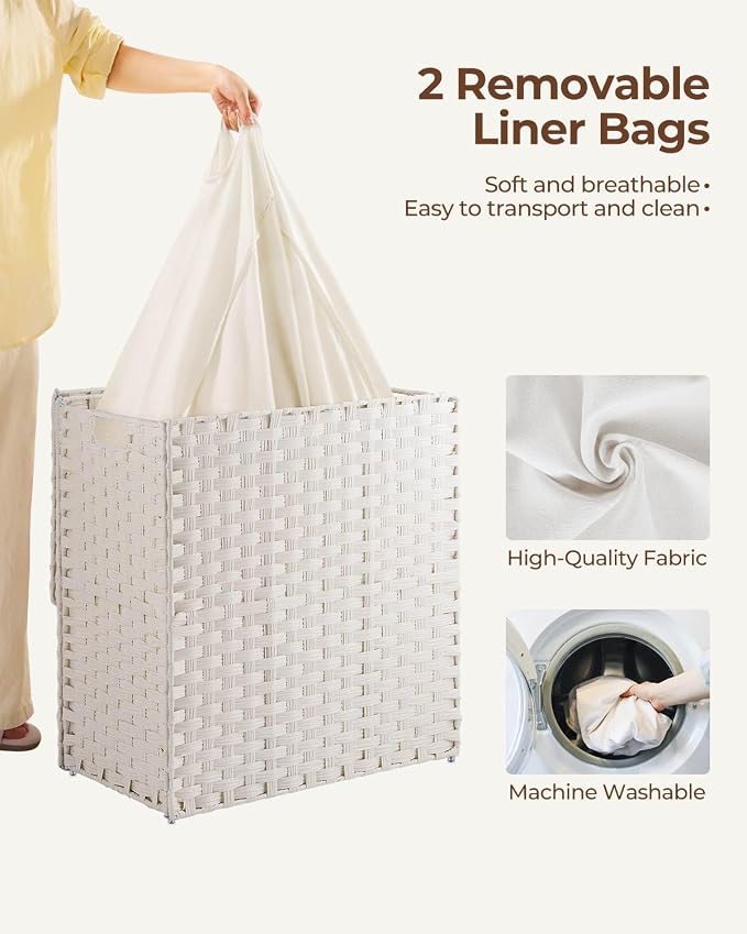 Greenstell Laundry Hamper with lid, No Install Needed, 110L Wicker Laundry Baskets Foldable 2 Removable Liner Bags, 2 Section Clothes Hamper Handwoven Rattan Laundry Basket with Handles, White - Image 3