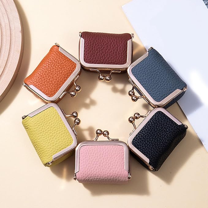 Genuine Leather Mini Jewelry Box, Portable Vintage-Inspired Genuine Leather Coin Purse Jewelry Case with Kiss Lock, Mini Travel Ring Box for Women for Earring/Ring/Necklace/Bracelet(Orange) - Image 2