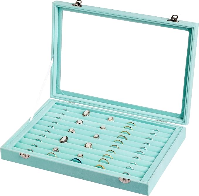 Frebeauty Rings/Earrings Organizer Tray with Clear Lid 10 Slots Velvet Drawer Insert Jewelry Storage box Transparent Glass lid Jewelry Display Case Showcase Gift for Girls Women (Turquoise, 10 Slots) by Frebeauty