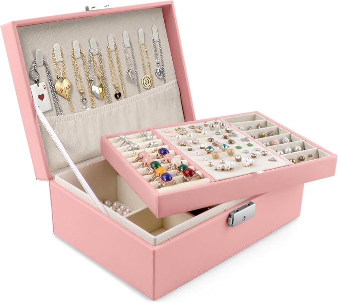 Homeanda Jewelry box 2 layer Jewelry box Leather Jewelry boxes for Women Girls Teens Jewelry organizer box Jewelry Storage box with lock(Pink) by Homeanda