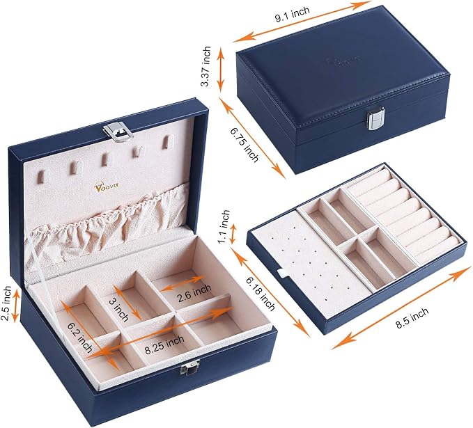 Voova Jewelry Box Organizer for Women Girls, 2 Layer Large Men Jewelry Storage Case,PU Leather Display Jewellery Holder with Removable Tray for Necklace Earrings Rings Bracelets，Vintage Gift，Navy Blue - Image 6