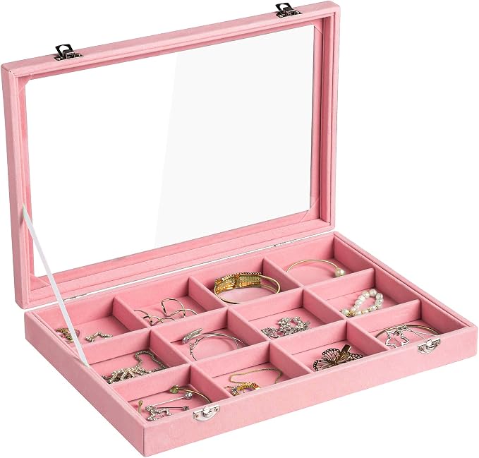 Frebeauty Velvet Jewelry Tray,12 Grid Jewelry Organizer with Clear Lid,Bracelets Holder,Jewelry Display Case with Clasp,Drawer Insert Bangle Brooch,13.8 x 9.5 x 2 Inches,Gift for Women Girls(Pink) by Frebeauty