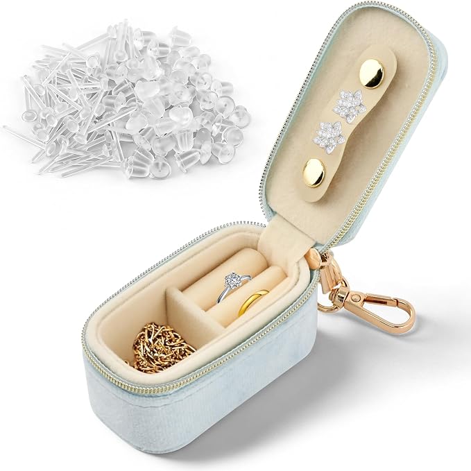 Velvet Mini Travel Jewelry Case, 2 in 1 Ring Holder Keychain + 50 Plastic Earrings, Portable Small Jewelry Organizer for Women, Travel/Gym/Wedding/Bridesmaid Gift by Unknown