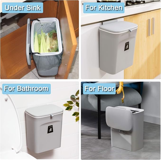 Tiyafuro 2.4 Gallon Kitchen Compost Bin for Counter Top or Under Sink, Hanging Small Trash Can with Lid for Cupboard/Bathroom/Bedroom/Office/Camping, Mountable Indoor Compost Bucket, Gray - Image 6