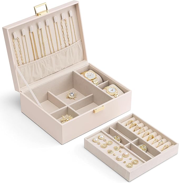 VLANDO 2 Layer Jewelry Boxes Large Jewelry Organizer for Women Removable Jewelery Tray for Watch Necklace Earrings Rings Bracelets Mothers Gifts Mom Gifts(Apricot White) - Image 8