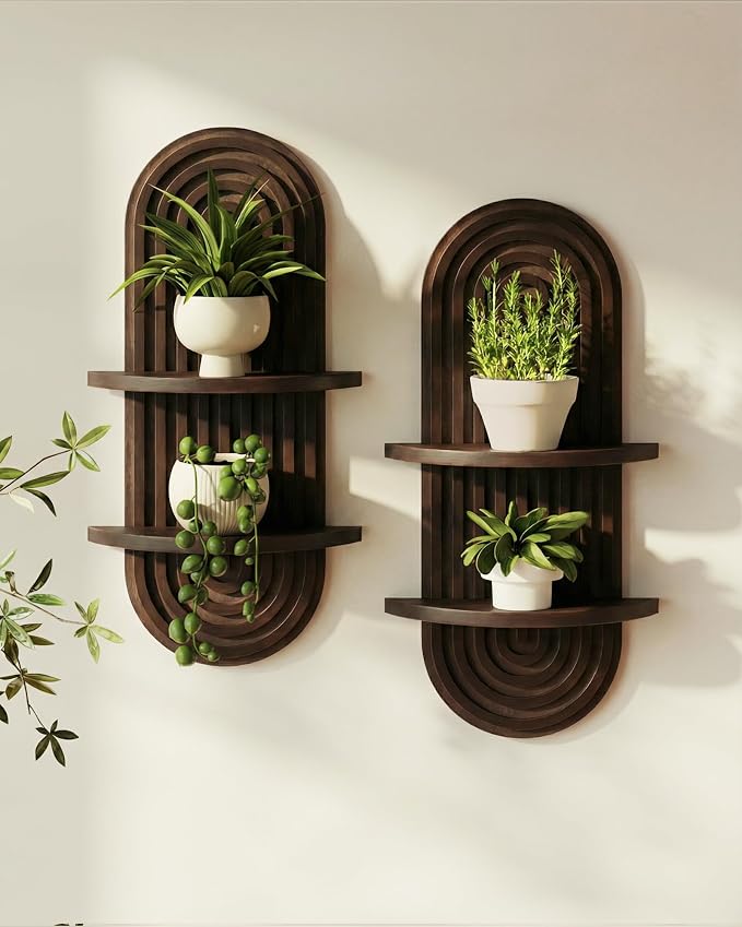 Bamworld Boho Wall Decor 2pcs Plant Wall Shelf, Mid Century Modern Decor Hanging Plant Shelf, 2-Tier Wooden Floating Shelves for Home, Bathroom Bedroom Living Room, Office Planter Decoration Walnut by Bamworld