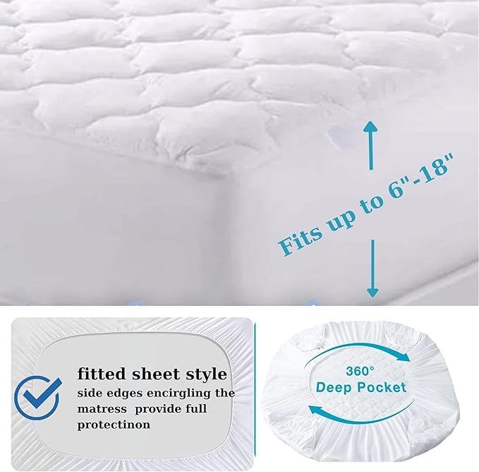 Queen Mattress Protector Deep Pockets -up to 18" deep- Quilted Fitted- Waterproof-Breathable-Noiseless-60 X78 inc Mattress Pad, Elastic Fitted Cotton Bed Mattress Cover,-White- (Queen)
