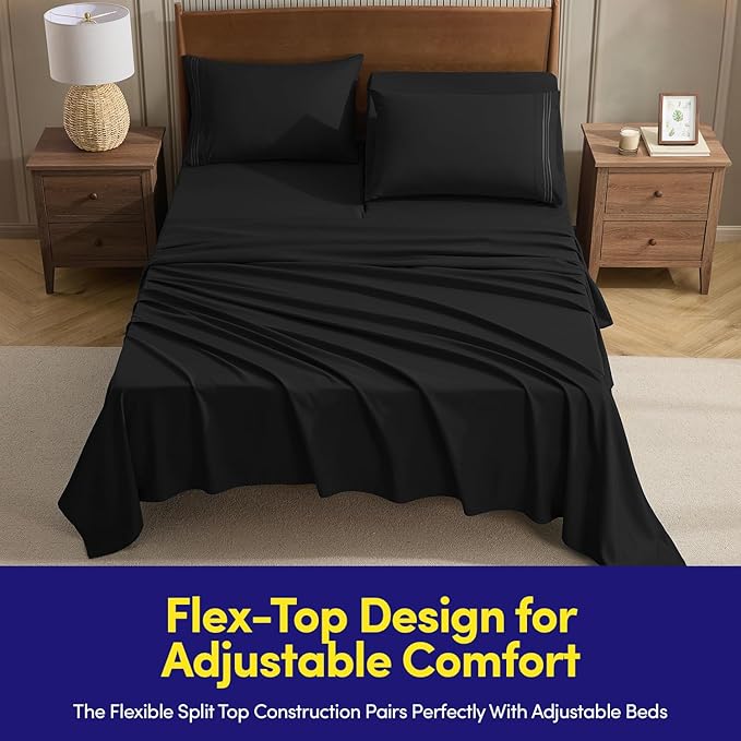 Split Head King Sheets Set for Adjustable Beds 4 Piece Flex Top Bed Sheets – Deep Pocket Split Top Fitted Sheet with Built-in Corner Straps, Luxury Soft Cooling Bedding, Wrinkle Resistant, Black