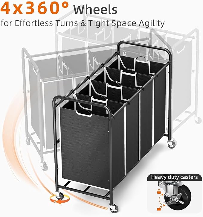 ROMOON Laundry Hamper Sorter Cart: 4-Section Organizer with Heavy-Duty Lockable Wheels and Removable Bags | 180L Rolling Laundry Basket for Dirty Clothes in Laundry Room or Small Spaces (Black) - Image 5