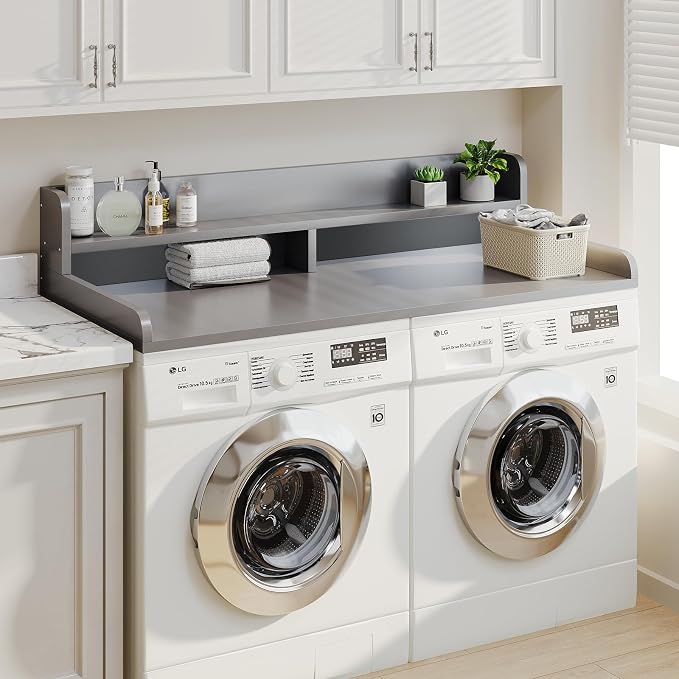 2-Tier Washer Dryer Countertop with 2.75" H Edge Rails, 58" W x 28" D Laundry Countertop for Folding Clothes, Washer and Dryer Topper with Non-Slip Pad (Gray) - Image 5