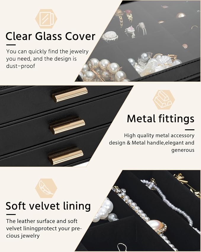 AKOZLIN Jewelry Box with Clear Lid Functional Leather Jewelry Storage Organizer Case 3 Drawers for Women Girls Necklace Ring Bracelet Earring - Image 5