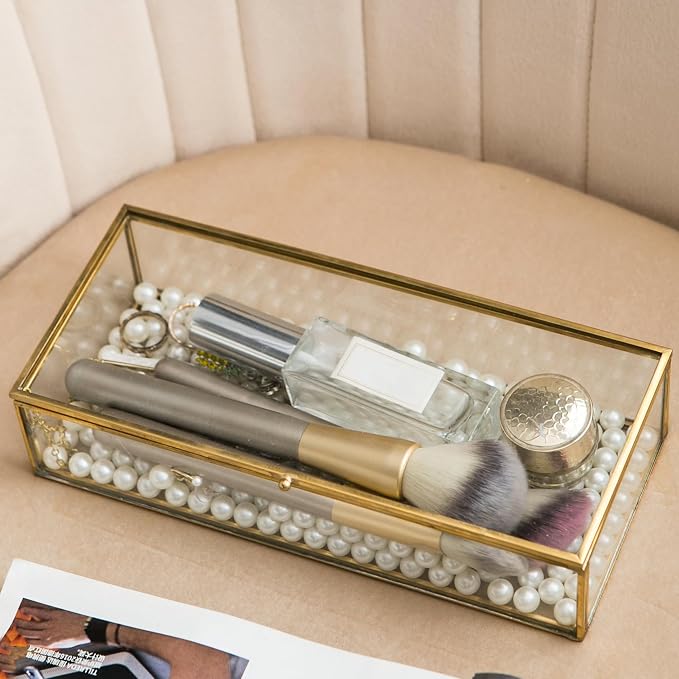 Glass Jewelry Box, Vintage Rectangle Gold Keepsake Box Organizer Box Vanity Lidded Box Home Decor Accent Decorative Box for Storage Trinket Rings Bracelet - Image 5