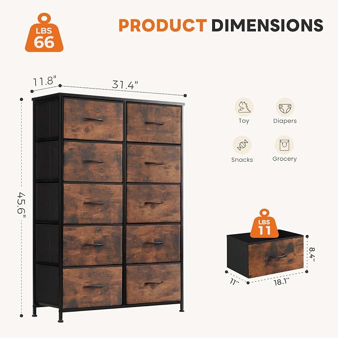 OLIXIS 10 Drawer Tall Dresser with Fabric Bins for Bedroom, Fabric Storage Tower Organizer for Closet Living Room Hallway, Double Chest of Drawers with Steel Frame Wood Top,Black-Brown - Image 3