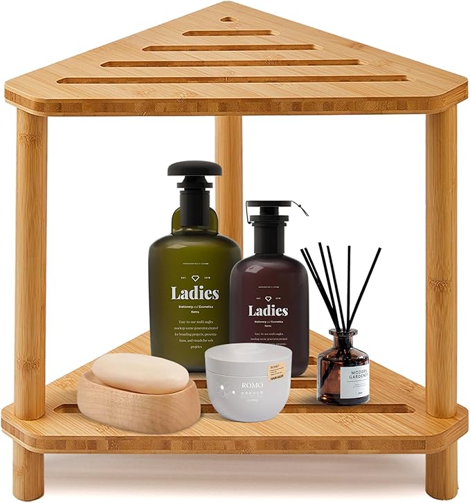 Bamboo Corner Shower Stool,2-Tier Waterproof Shower Stool for Inside Shower Shaving Leg,Small Spaces,Shower Foot Rest with Storage Shelf,Shower Bench,Bath Seat,Corner Nightstand gift for women mom - Image 8