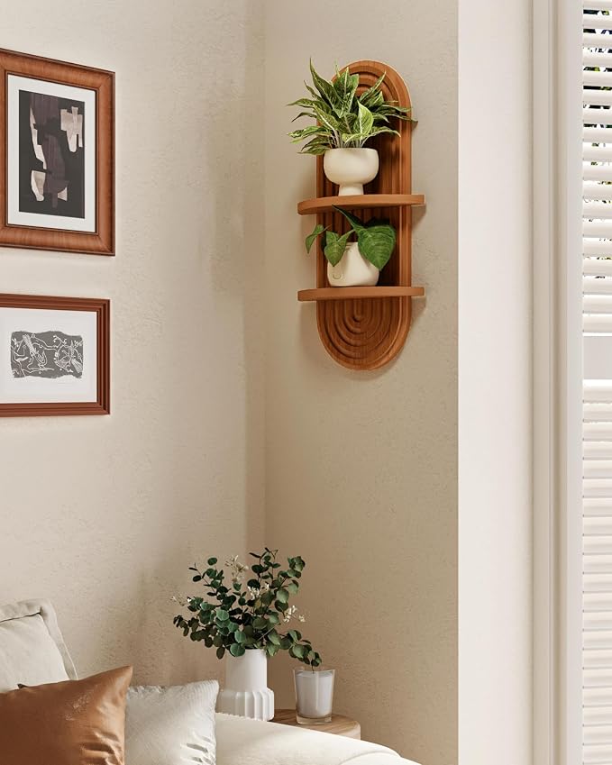 Bamworld Boho Wall Decor Brown Plant Wall Shelf Mid Century Modern Decor Hanging Plant Shelf 16.7in 2 Tier Wooden Floating Shelves for Home Bathroom Bedroom Living Room Office Holding Planter - Image 4