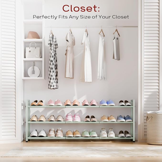 Bumusty 3-Tier Long Expandable Shoe Rack for Closet, 18"-44" Adjustable Shoe Rack for Entryway, 15-18 Pairs Large Shoe Organizer Shelf Storage, Sturdy Metal, Green - Image 2