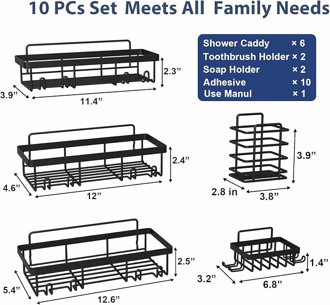 Liuoud 10 Pack Shower Caddy Organizer Rack Shelf for Inside Shower, Self Adhesive Wall Storage Basket Rustproof Stainless Steel Shampoo Holder Bathroom Accessory Decor Set, Black - Image 2