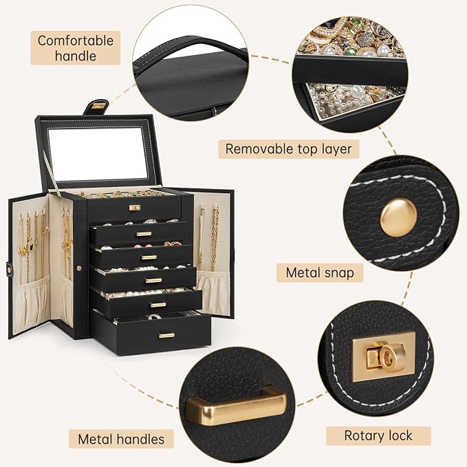 AKOZLIN 6-Tier Jewelry Box Organizer Functional 5 Drawers Leather Jewelry Storage Case for Women Girls Ring Necklace Earring Bracelet Holder Organizer with Mirror Black - Image 6