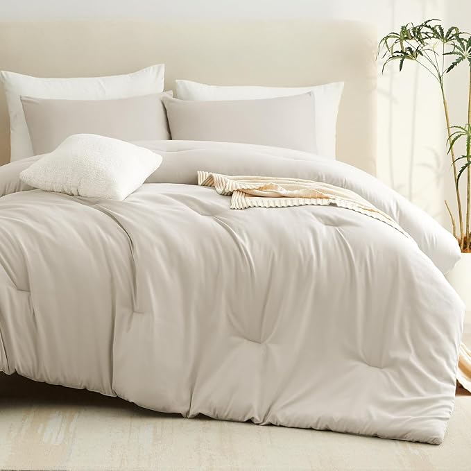 CozyLux King Size Comforter Set Oatmeal, 3 Pieces Solid Comforters King Size Breathable Quilted Bedding Sets, Luxury Soft Lightweight Bed Set with Down Alternative Comforter and 2 Pillowcases