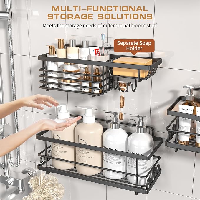 Youvip Shower Caddy, 3 Pack Large Capacity Bathroom Organizers and Storage, No Drilling Adhesive Rustproof Shelves with Soap Holder, Home Decor, Black - Image 3