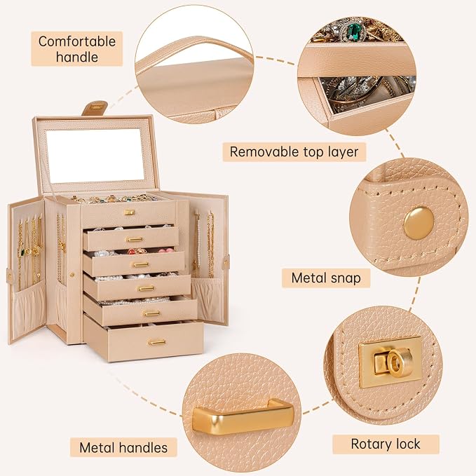 AKOZLIN 6-Tier Jewelry Box Organizer Functional 5 Drawers Leather Jewelry Storage Case for Women Girls Ring Necklace Earring Bracelet Holder Organizer with Mirror Champagne - Image 5