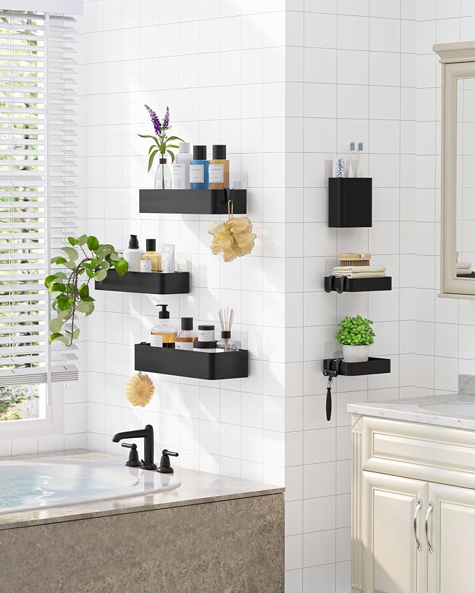 Kitsure Shower Caddy Adhesive - 6-Pack, No-Drilling Shower Shelves with Soap Holder, Toothbrush Holde, 6 Hooks, Rustproof & Stylish Bathroom Organizers and Storage Solution, Black, Large - Image 4