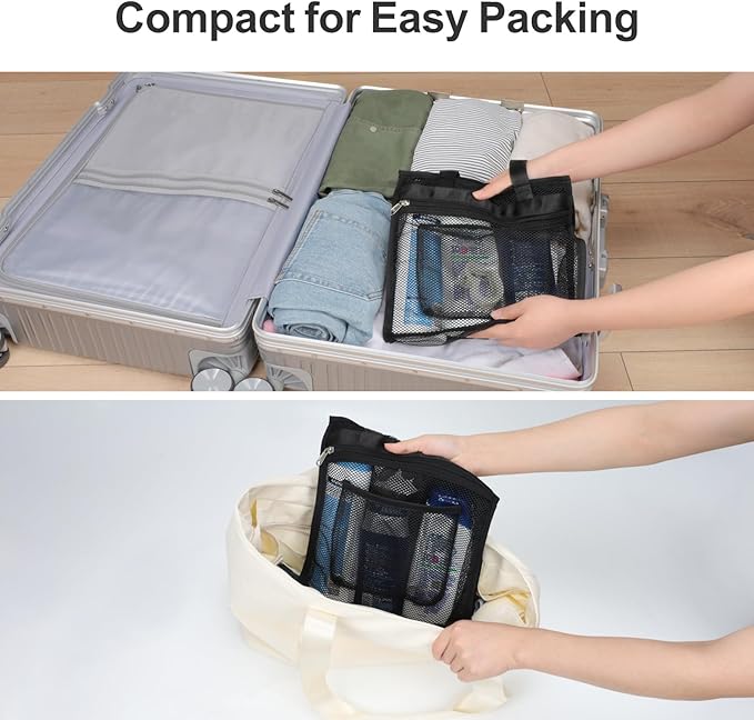 F-color Mesh Shower Caddy Portable Hanging - 3 Pockets Small Shower Bag Tote with Zipper Closure for Camping, Gym Lockers, Travel, Toiletry, Quick Dry Bathroom Essentials with S Hook, Black - Image 6